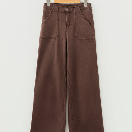 Dark Brown Retro Washed Patch Pocket Loose Jeans