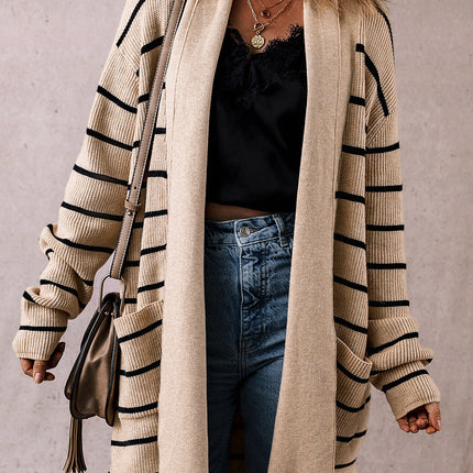 Black Stripe Shawl Neckline Open Cardigan with Pockets