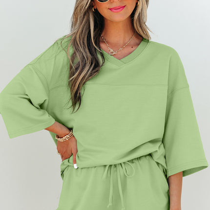 Meadow Mist Green Solid Loose V Neck Half Sleeve Tee and Shorts Set