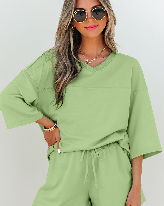 Meadow Mist Green Solid Loose V Neck Half Sleeve Tee and Shorts Set
