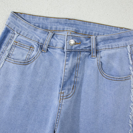 Beau Blue Contrast Stripe Frayed Side Panel Patchwork Shift Jeans