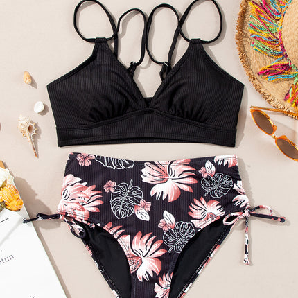 Black Ribbed Knit High Waist 2pcs Bikini Swimsuit
