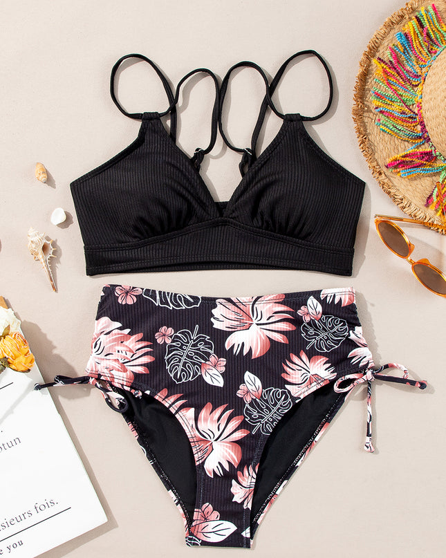 Black Ribbed Knit High Waist 2pcs Bikini Swimsuit