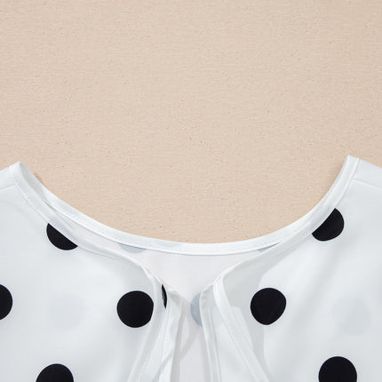 White Polka Dot Print Round Neck Frilled Long Sleeve Blouse