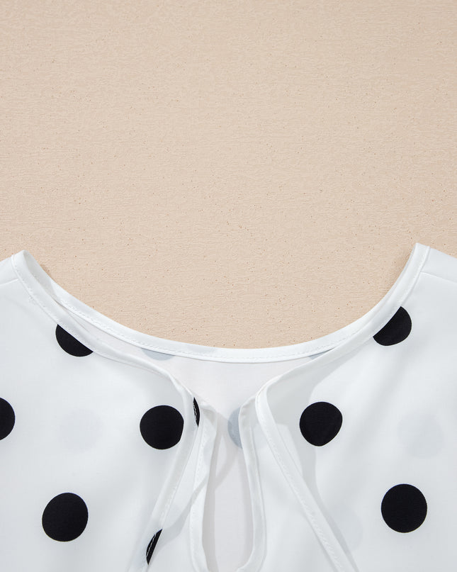 White Polka Dot Print Round Neck Frilled Long Sleeve Blouse