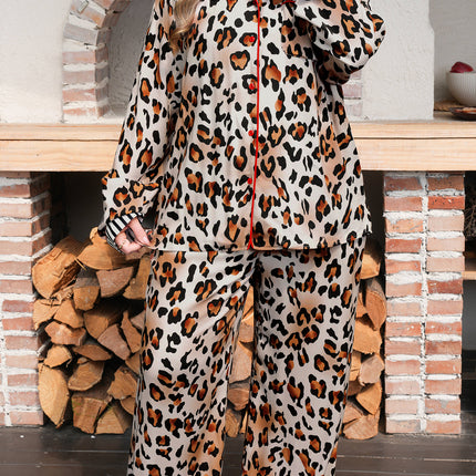 Khaki Plus Leopard Print Contrast Piping Striped Patchwork 2pcs Long Pajama Set