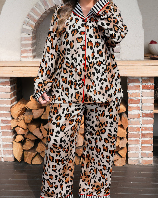 Khaki Plus Leopard Print Contrast Piping Striped Patchwork 2pcs Long Pajama Set