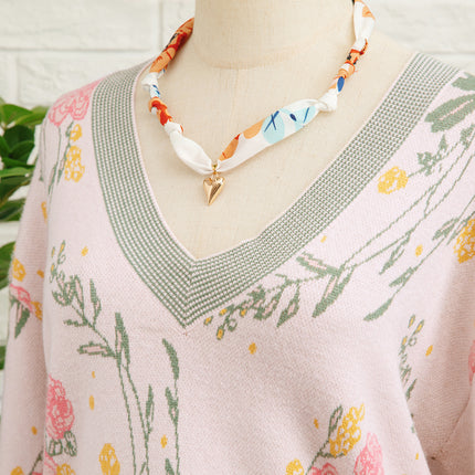 Pink Floral Pattern Striped V Neck Loose Sweater
