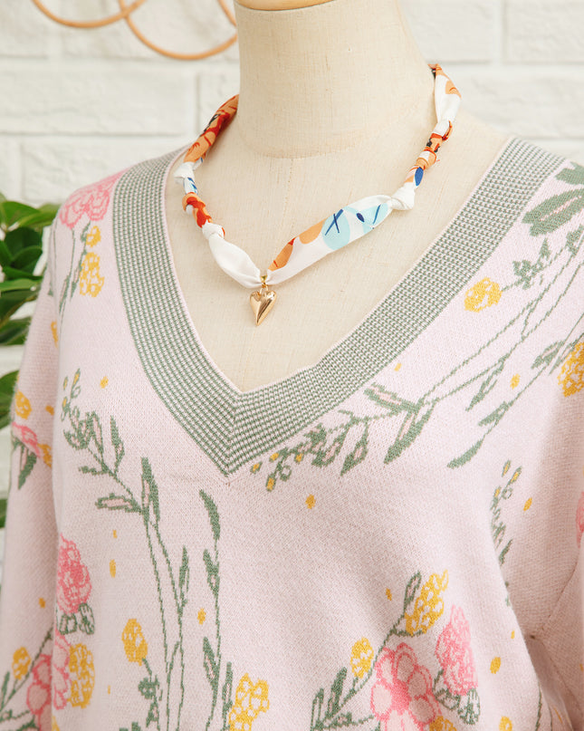 Pink Floral Pattern Striped V Neck Loose Sweater