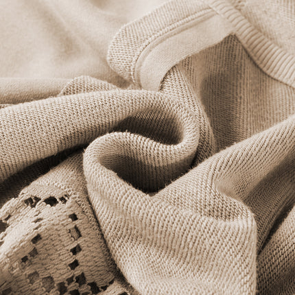 Parchment Knit Crochet Exposed Seam Ribbed Trim Sweatshirt
