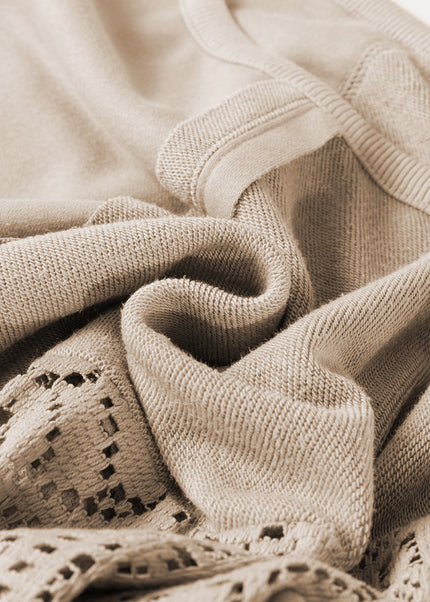 Parchment Knit Crochet Exposed Seam Ribbed Trim Sweatshirt