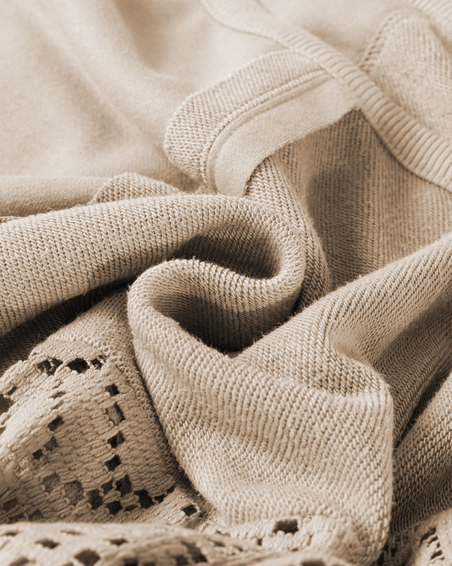 Parchment Knit Crochet Exposed Seam Ribbed Trim Sweatshirt