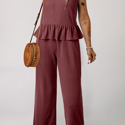 Beau Blue Solid Color Ribbed Ruffle Tank Top and Pants Set