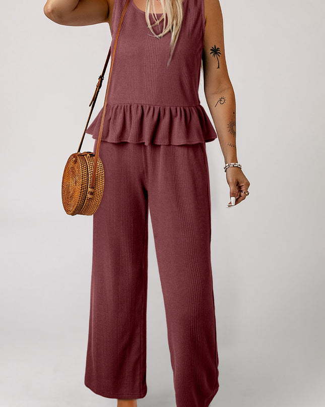 Beau Blue Solid Color Ribbed Ruffle Tank Top and Pants Set