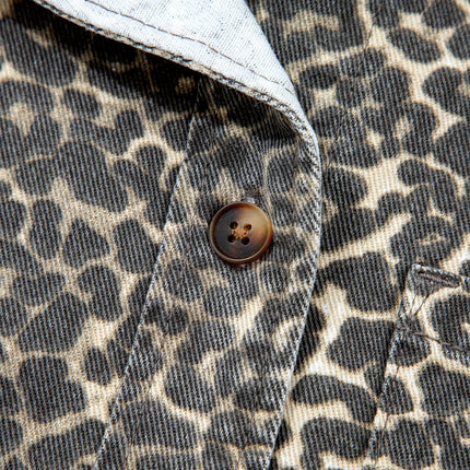 Gray Vintage Leopard Print Short Sleeve Loose Cotton Denim Shirt