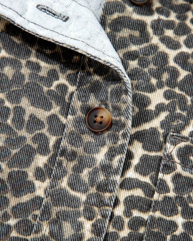 Gray Vintage Leopard Print Short Sleeve Loose Cotton Denim Shirt