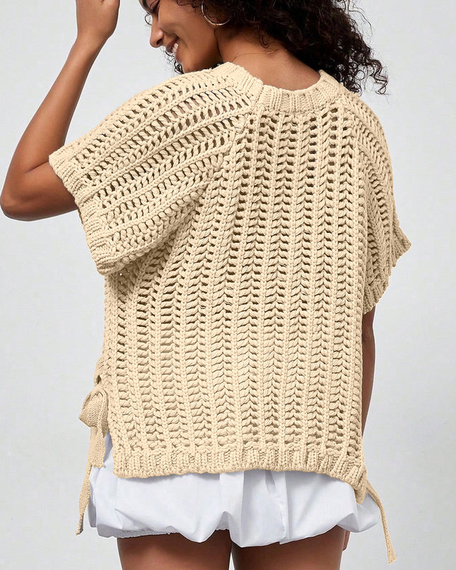 Apricot Plus Size Open Knit Bow Tie Short Sleeve Sweater