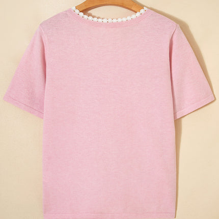 Strawberry Pink Lacy V Neckline Short Sleeve Sweater
