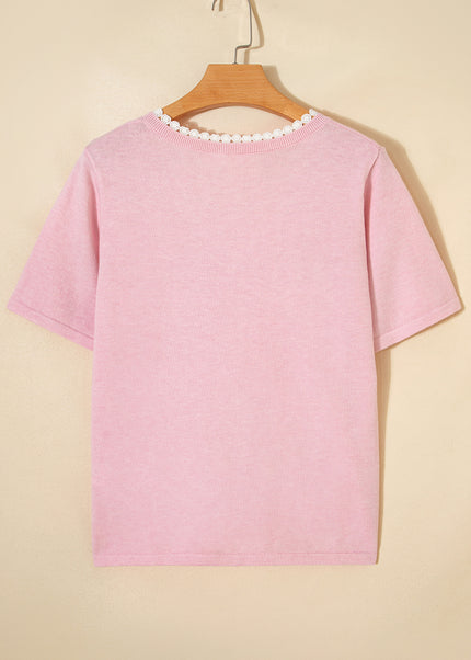 Strawberry Pink Lacy V Neckline Short Sleeve Sweater