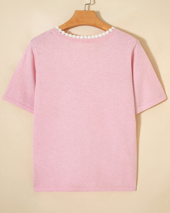 Strawberry Pink Lacy V Neckline Short Sleeve Sweater