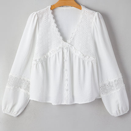 White Solid Color Floral Guipure Patchwork Frilled Long Sleeve Blouse