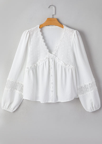 White Solid Color Floral Guipure Patchwork Frilled Long Sleeve Blouse