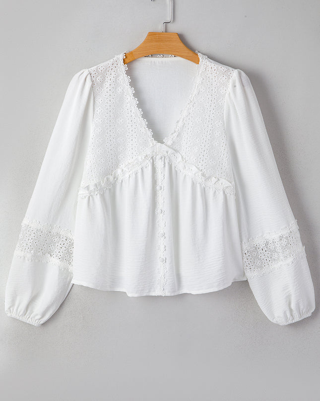 White Solid Color Floral Guipure Patchwork Frilled Long Sleeve Blouse