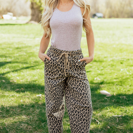 Khaki Leopard Print Drawstring Elastic Waist Loose Denim Pants with Pockets