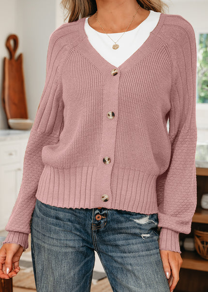 Goat Mixed Texture Knit Button V Neck Sweater Cardigan