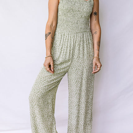 Green Smocked Bodice Square Neck Sleeveless Floral Jumpsuit