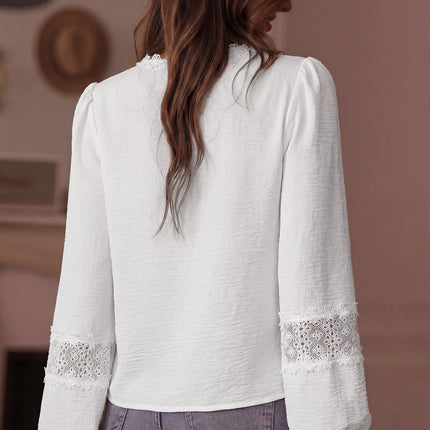 White Solid Color Floral Guipure Patchwork Frilled Long Sleeve Blouse