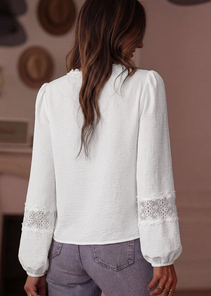 White Solid Color Floral Guipure Patchwork Frilled Long Sleeve Blouse