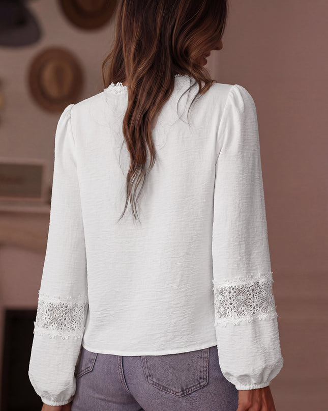 White Solid Color Floral Guipure Patchwork Frilled Long Sleeve Blouse