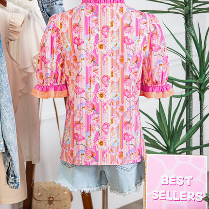 Pink Poppy Flower Striped Print Color Block Trim V Neck Short Sleeve Blouse