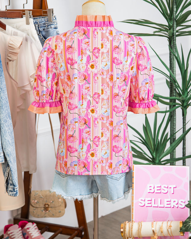 Pink Poppy Flower Striped Print Color Block Trim V Neck Short Sleeve Blouse