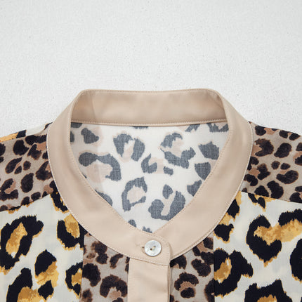 Khaki Mixed Leopard Patchwork 3/4 Sleeve Loose Shirt