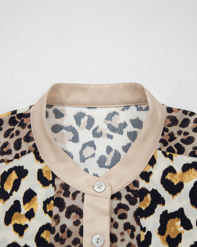 Khaki Mixed Leopard Patchwork 3/4 Sleeve Loose Shirt
