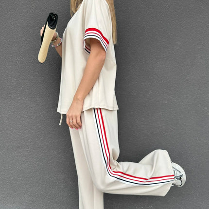 Jet Stream Contrast Striped Trim Crewneck T Shirt Loose Straight Pants Set