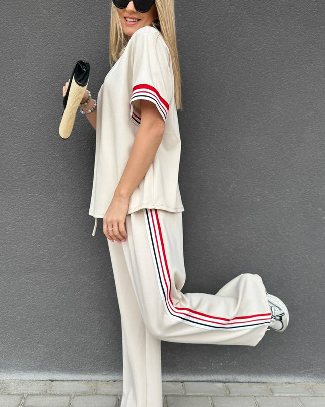Jet Stream Contrast Striped Trim Crewneck T Shirt Loose Straight Pants Set