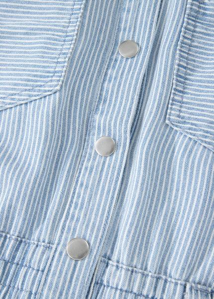 Sky Blue Stripe Collared Button Front Sleeveless Denim Mini Dress