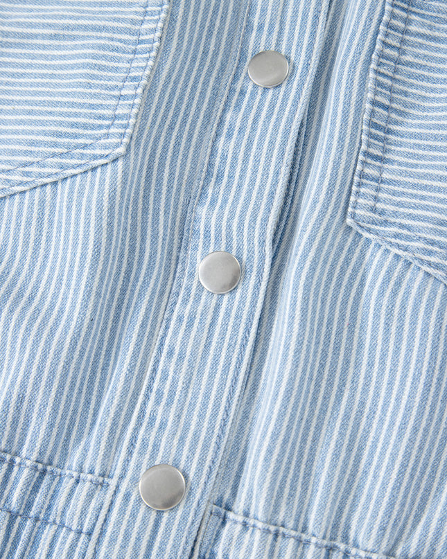 Sky Blue Stripe Collared Button Front Sleeveless Denim Mini Dress