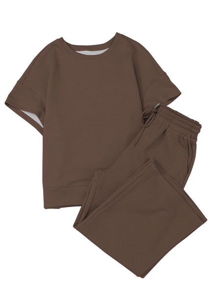 Black Textured Loose Fit T Shirt and Drawstring Pants Set