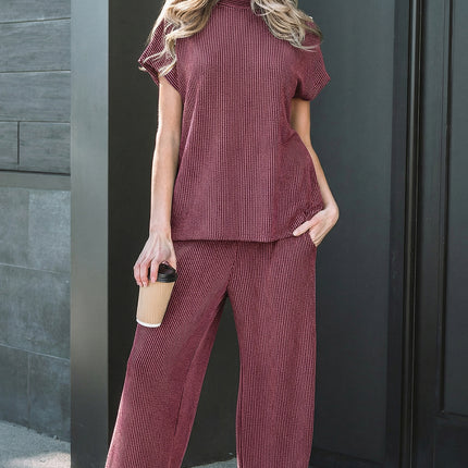 Dark Grey Twisted Ribbed High Neck Loose Tee Elastic High Waist Loose Pant Set