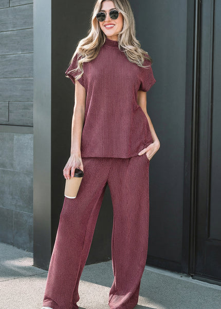 Dark Grey Twisted Ribbed High Neck Loose Tee Elastic High Waist Loose Pant Set