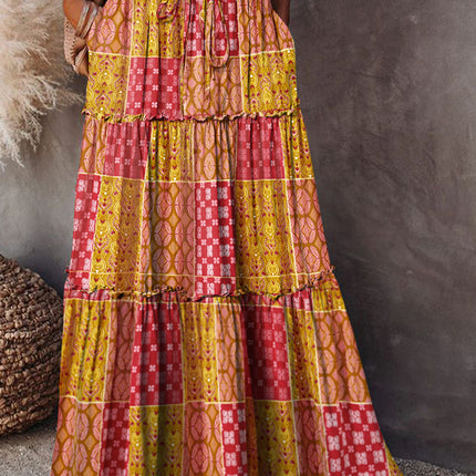 Purple Tiered Paisley Print Pocketed Maxi Skirt