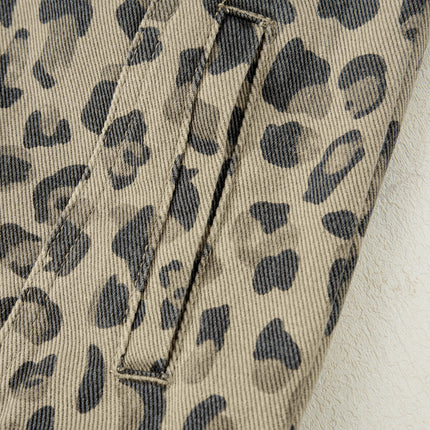 Khaki Retro Leopard Print Seam Detail Button Down Denim Jacket