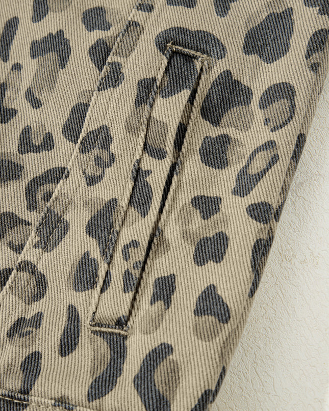 Khaki Retro Leopard Print Seam Detail Button Down Denim Jacket