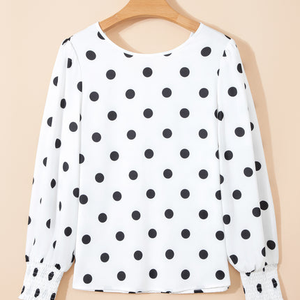 White Polka Dot Print Round Neck Frilled Long Sleeve Blouse