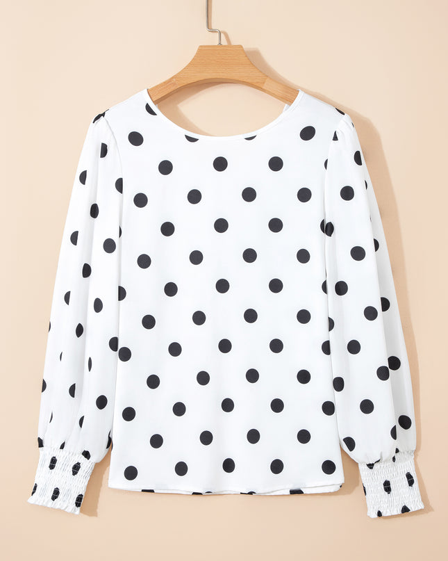 White Polka Dot Print Round Neck Frilled Long Sleeve Blouse