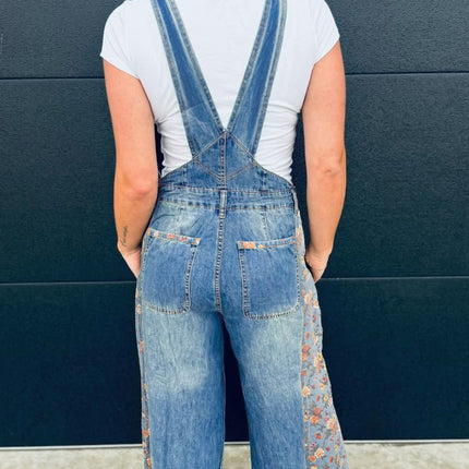 Peacock Blue Floral Patchwork Bib Denim Wide Leg Overalls